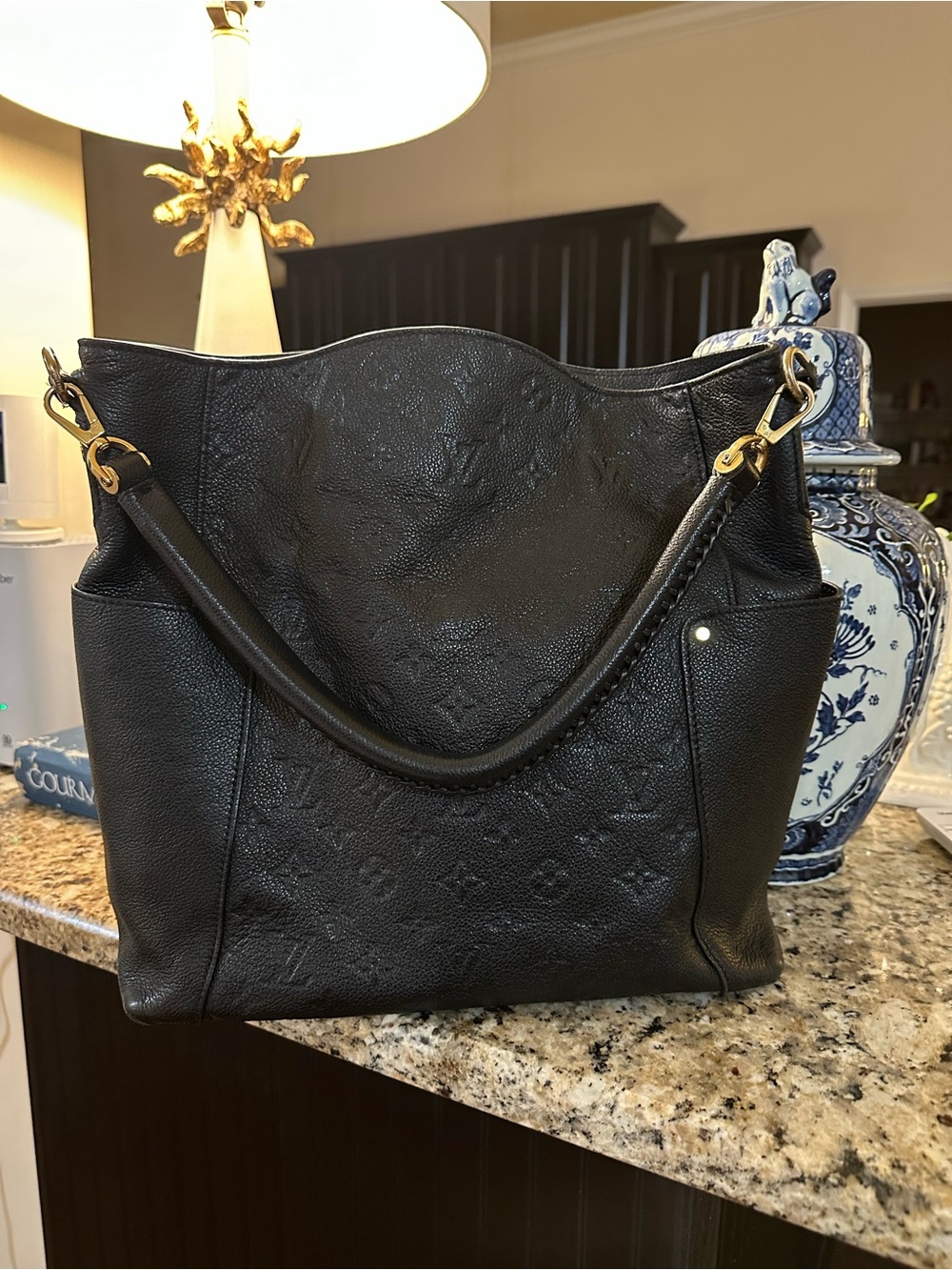 Louis Vuitton Black Embossed Monogram Shoulder Bag with Gold Hardware